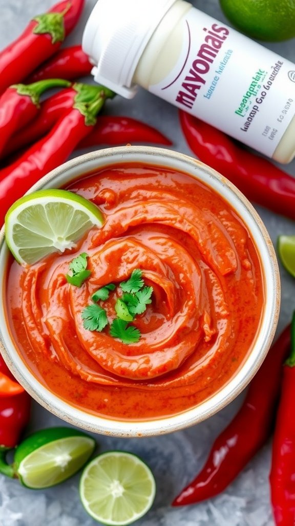 A bowl of smoky chipotle sauce garnished with lime and cilantro, surrounded by ingredients like chipotle peppers and mayonnaise.