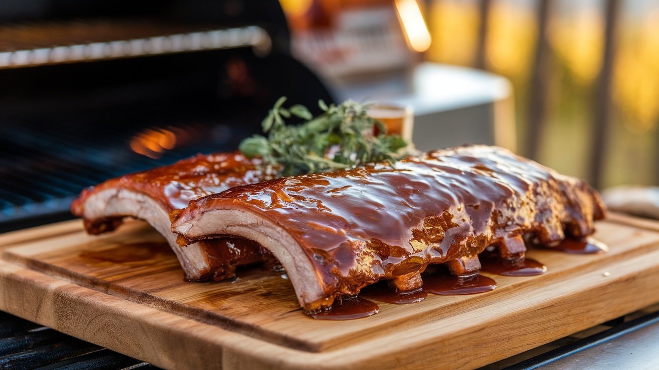 Ribs coated in brown sugar bourbon glaze on a cutting board, with fresh herbs and a grill in the background.