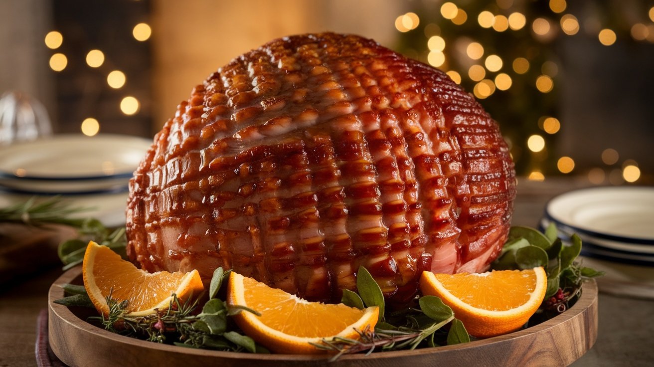 A glazed ham with mustard molasses glaze on a wooden platter, garnished with herbs and orange slices, in a warm dining setting.