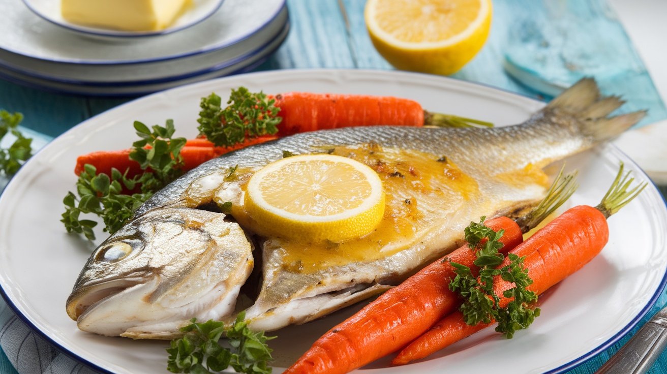 A plate of fish with lemon butter glaze and roasted carrots, garnished with parsley on a rustic table.