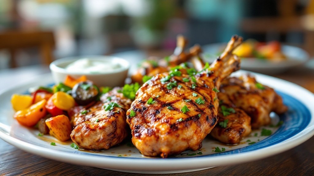 Zesty Spicy Yogurt Marinade for Lamb or Chicken Grilled lamb or chicken marinated in spicy yogurt, served with roasted vegetables and yogurt sauce.