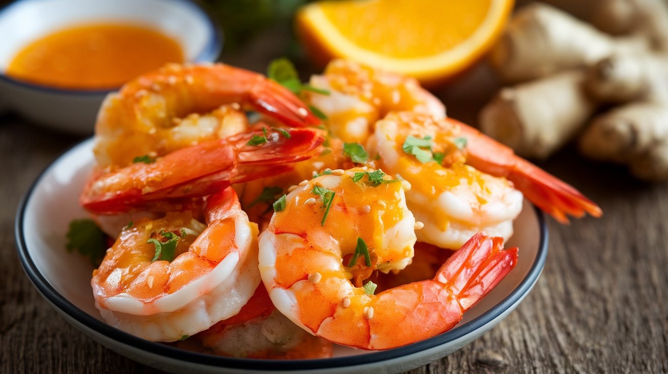 Shrimp glazed with orange ginger sauce, garnished with herbs, on a rustic table.