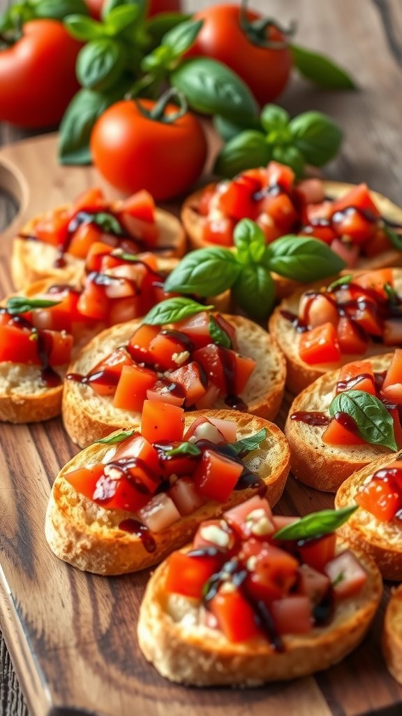 Classic Tomato Basil Bruschetta Recipe A platter of tomato basil bruschetta on toasted baguette slices, garnished with balsamic glaze.