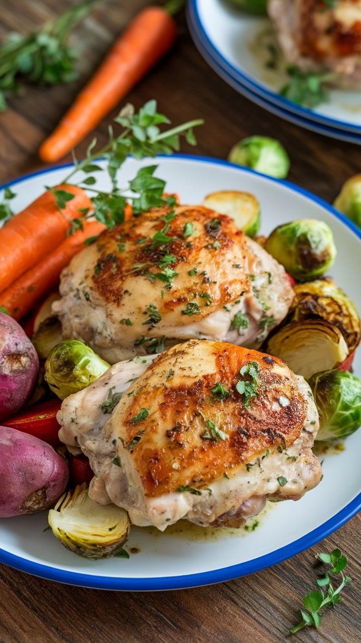 Golden brown chicken thighs marinated in buttermilk and herbs, garnished with fresh herbs, served with roasted vegetables on a rustic table.