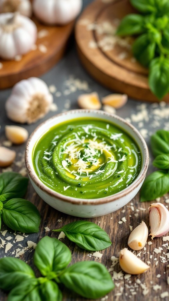 Fresh Basil Garlic Sauce with Parmesan A bowl of fresh basil garlic sauce with basil leaves and garlic cloves, garnished with Parmesan cheese.