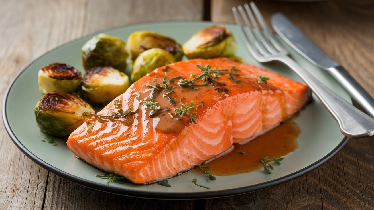Glazed salmon with maple Dijon sauce and roasted Brussels sprouts on a rustic table.