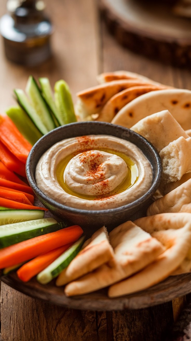 Creamy Sesame Tahini Dip Recipe Creamy tahini dip in a bowl with olive oil and cayenne, accompanied by fresh vegetables and pita bread.