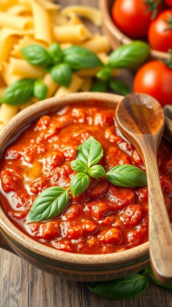 Traditional Italian Marinara Sauce A bowl of rich marinara sauce garnished with basil, surrounded by pasta and olive oil.