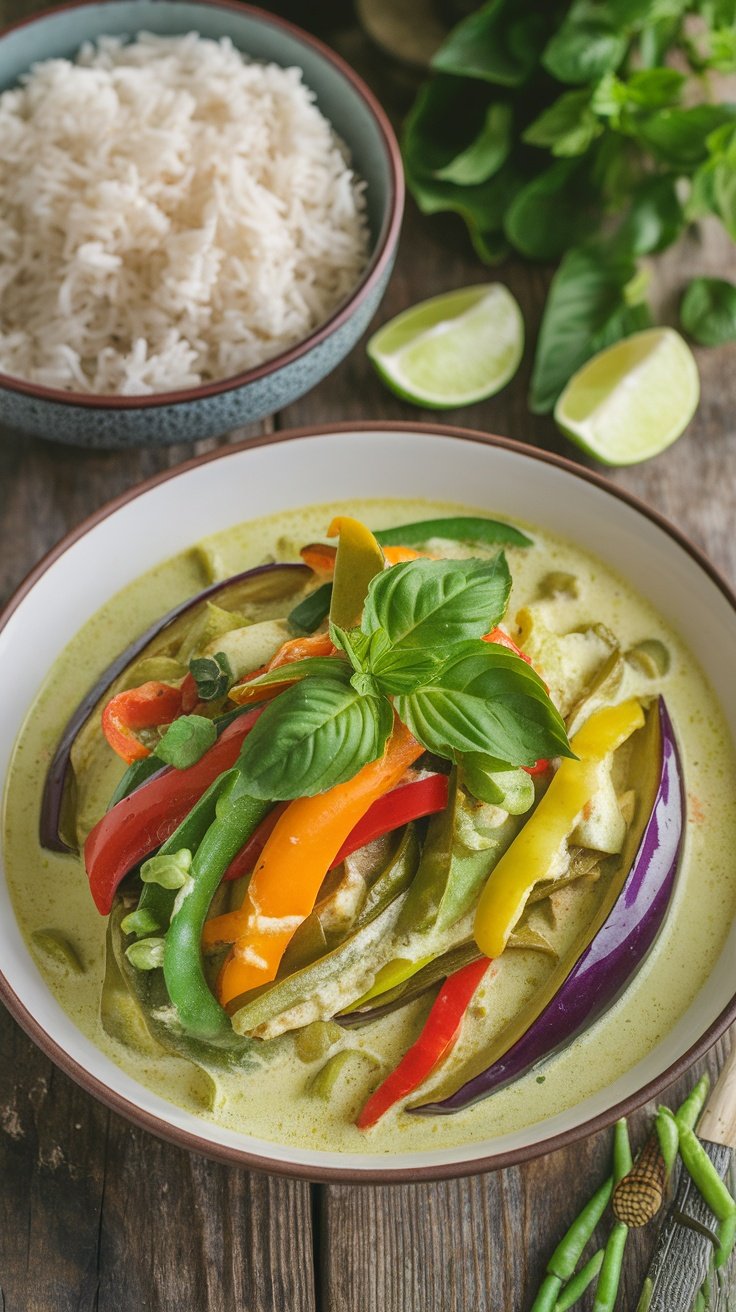 Vibrant Thai Green Curry with Coconut Milk A delicious bowl of Thai green curry with vegetables and basil, accompanied by a side of jasmine rice on a rustic table.
