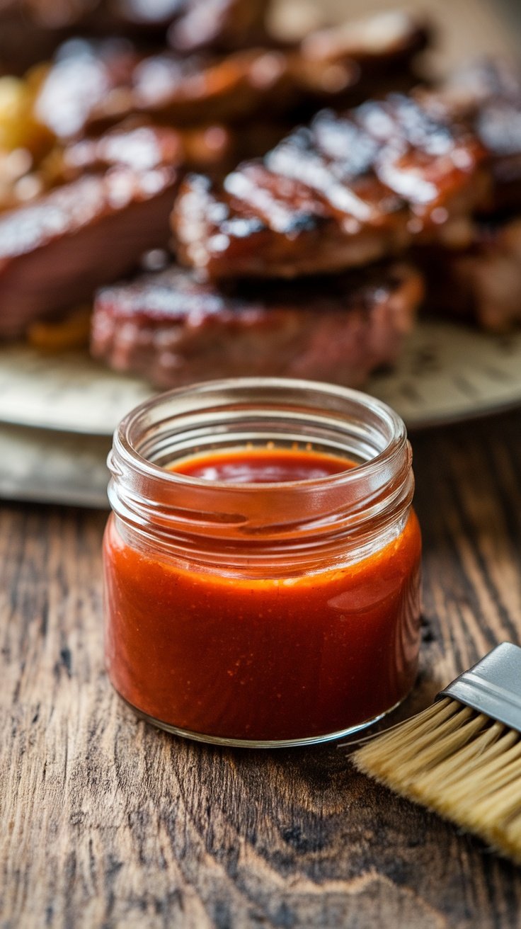 Tangy and Smoky Western Carolina Style BBQ Sauce Recipe A jar of Western Carolina BBQ sauce with a brush, set against a backdrop of grilled meats.