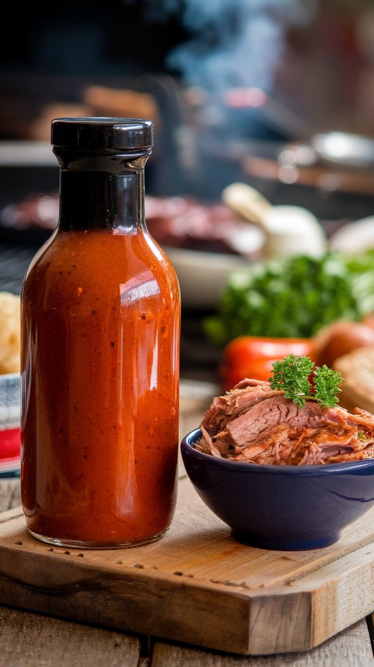 Spicy Eastern Carolina BBQ Sauce Recipe A bottle of spicy Eastern Carolina BBQ sauce next to a bowl of pulled pork on a rustic wooden table.