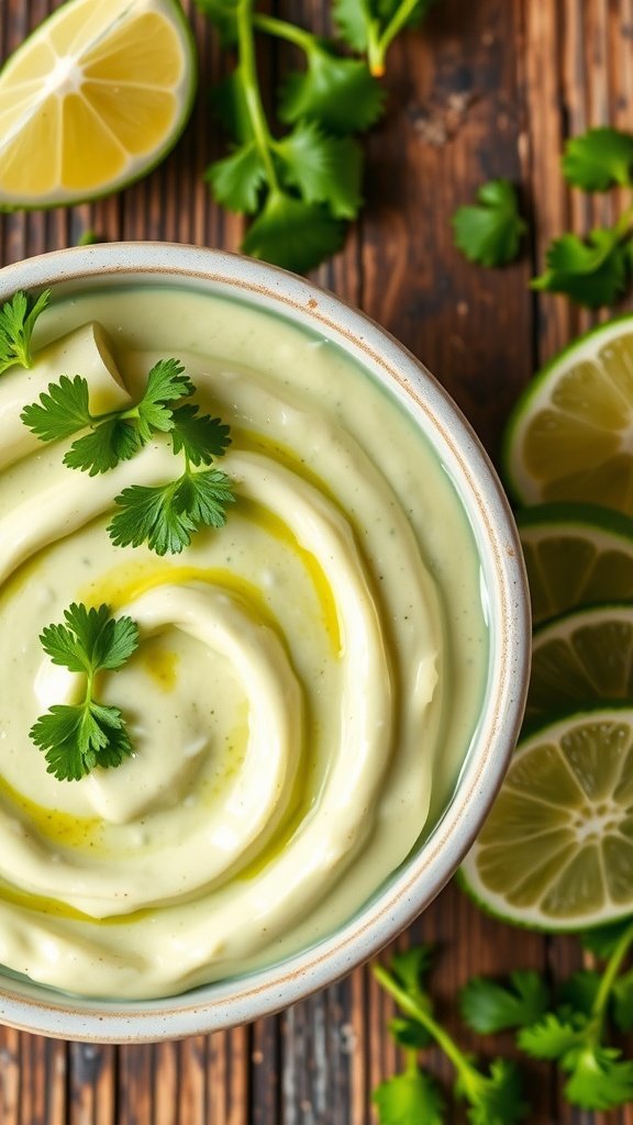 A bowl of creamy cilantro lime sauce garnished with cilantro leaves and lime wedges on a rustic wooden table.