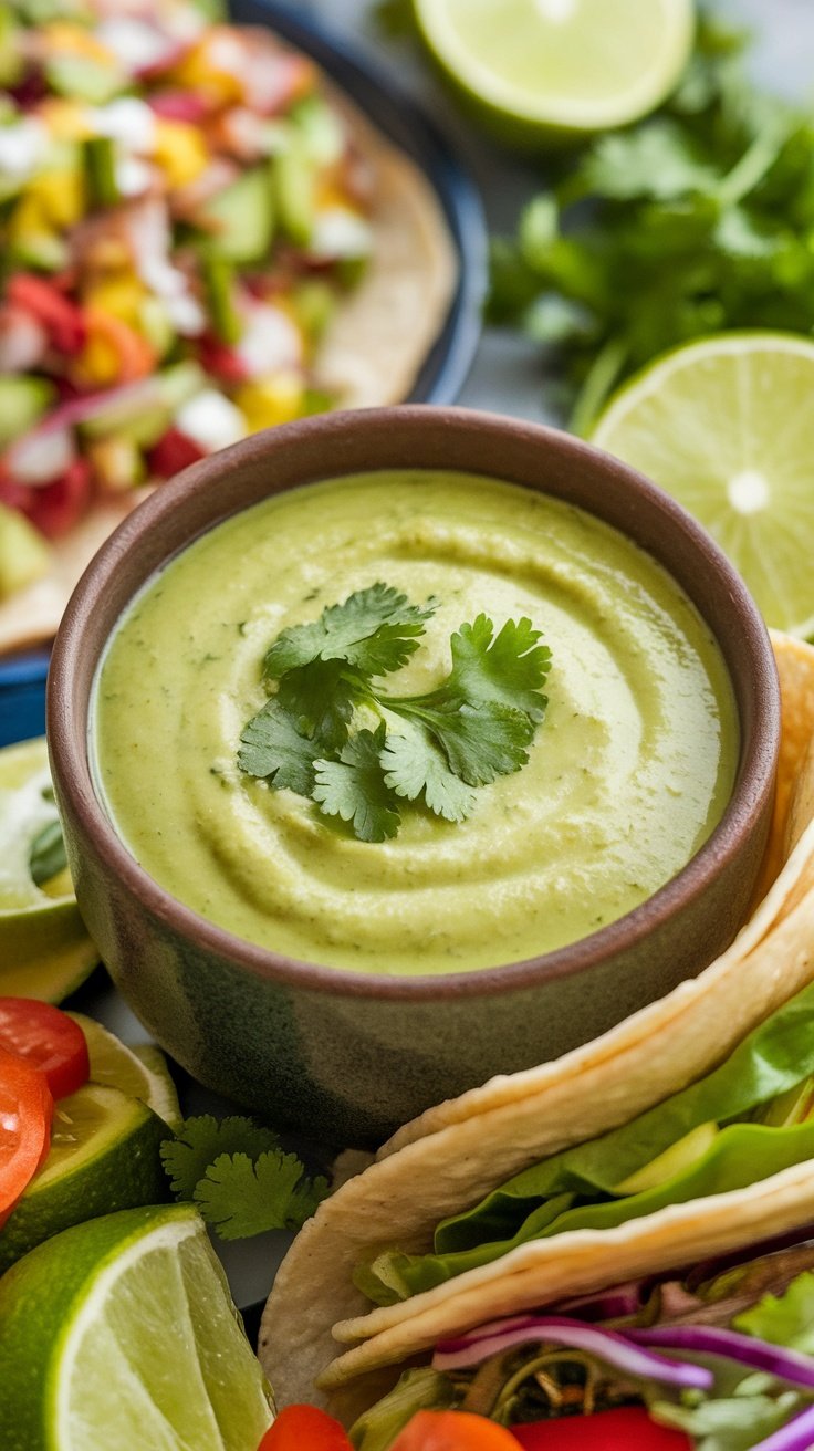 Zesty Cilantro-Lime Sauce for Tacos and Salads Cilantro-lime sauce in a bowl, garnished with cilantro, with tacos and fresh salad in the background.