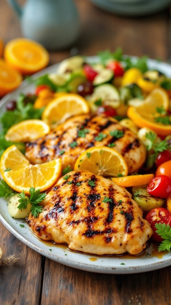 Grilled citrus-marinated chicken on a plate, garnished with orange and lemon slices, with grilled vegetables on the side.