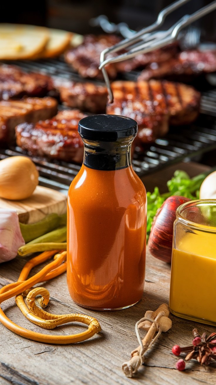 Authentic South Carolina BBQ Sauce Recipe A bottle of South Carolina BBQ sauce with mustard and spices, next to grilled meats on a wooden table.