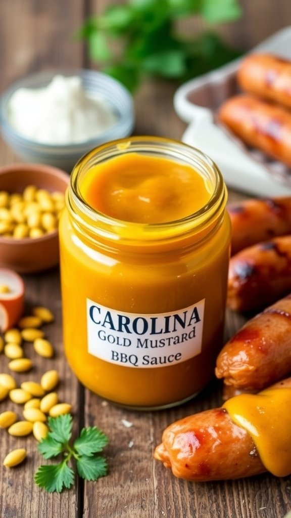 A jar of Carolina Gold Mustard BBQ sauce surrounded by mustard seeds and grilled sausages on a wooden table.