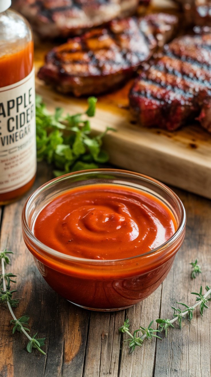 Bowl of Georgia-style BBQ sauce on wooden table, with fresh herbs and grilled meats in the background.