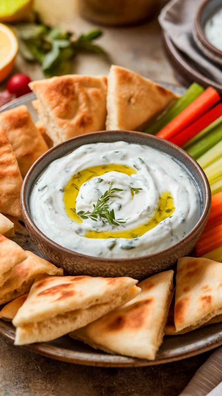 A bowl of tzatziki sauce with pita bread and vegetable sticks on a rustic table.