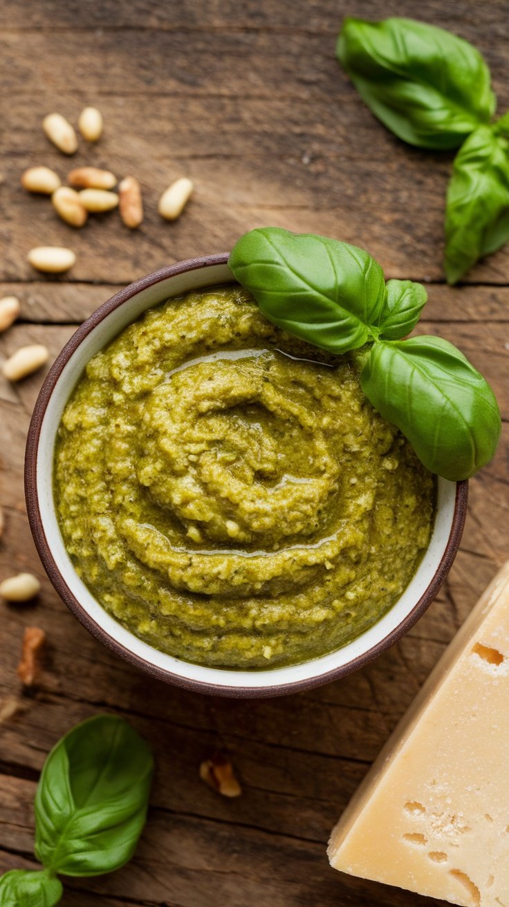 A bowl of homemade basil pesto sauce garnished with fresh basil leaves and pine nuts on a wooden table.