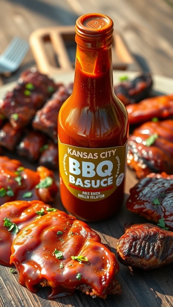 Bottle of thick Kansas City BBQ sauce with grilled meats on a rustic wooden table.
