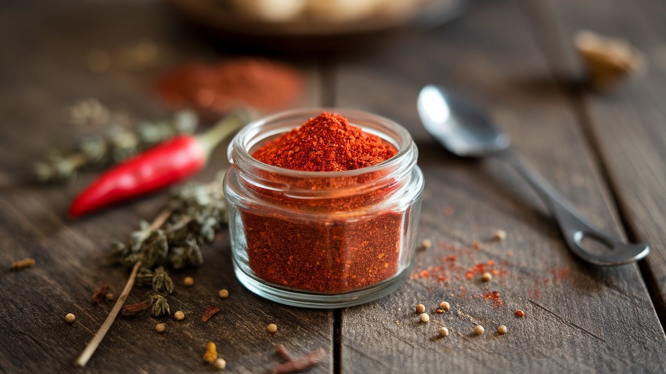 A jar of Cajun seasoning blend with whole spices, on a wooden table.