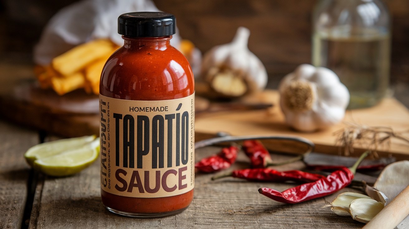 Homemade Tapatío Sauce Recipe A bottle of homemade Tapatío hot sauce surrounded by dried chilies and garlic on a rustic table.