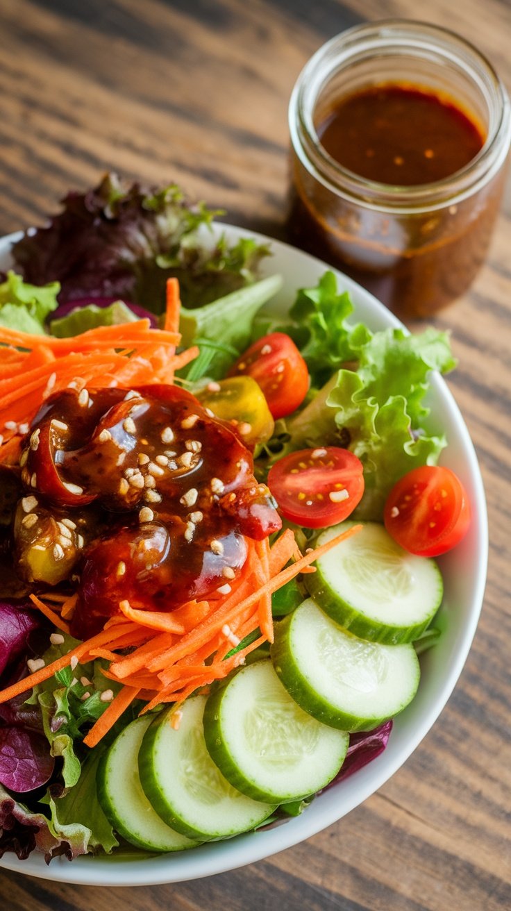Zesty Soy Lime Dressing for Salads and Grain Bowls Fresh salad with mixed greens and zesty soy lime dressing, accompanied by a jar of dressing on a rustic table.