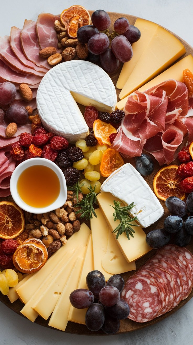 Delicious Savory Cheese and Charcuterie Board Recipe A savory cheese and charcuterie board with assorted cheeses, cured meats, nuts, fruits, and honey on a wooden platter.