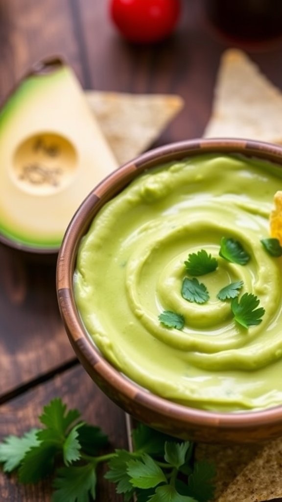 A bowl of creamy avocado crema garnished with cilantro, accompanied by tortilla chips on a wooden table.