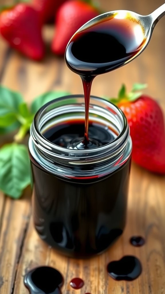 A glass jar of balsamic reduction with strawberries and basil on a wooden table.