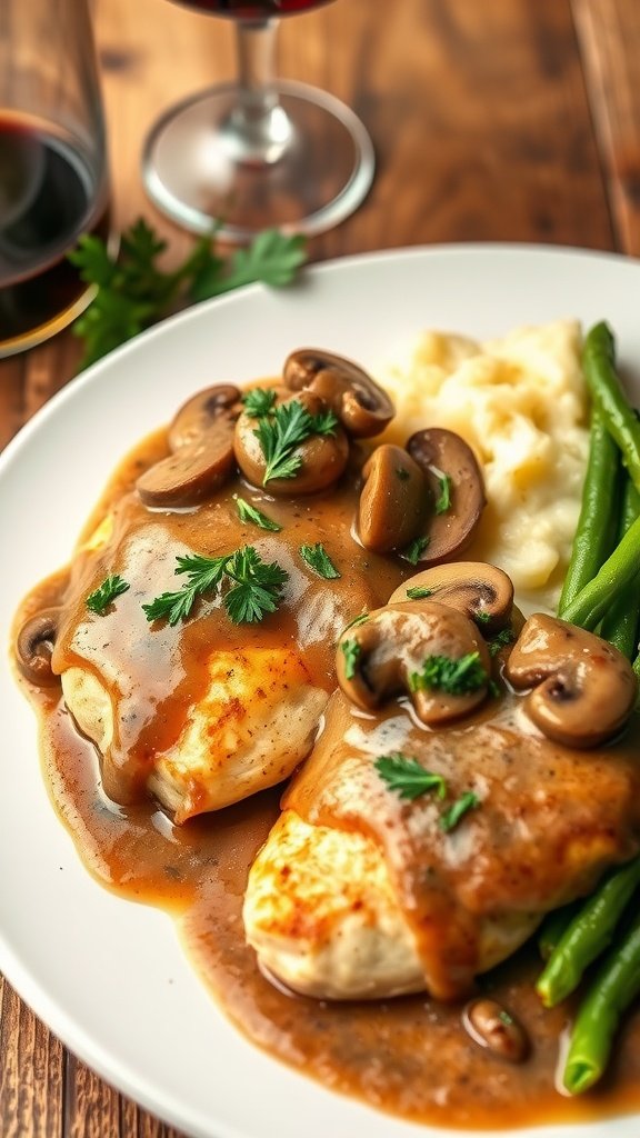 Classic Chicken Marsala Recipe Plated chicken marsala with mushroom sauce, mashed potatoes, and green beans on a rustic table.
