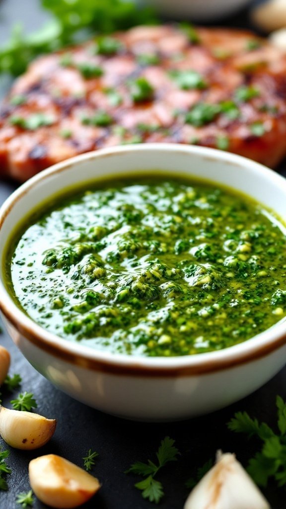 A bowl of chimichurri marinade with herbs and garlic, next to a grilled steak.