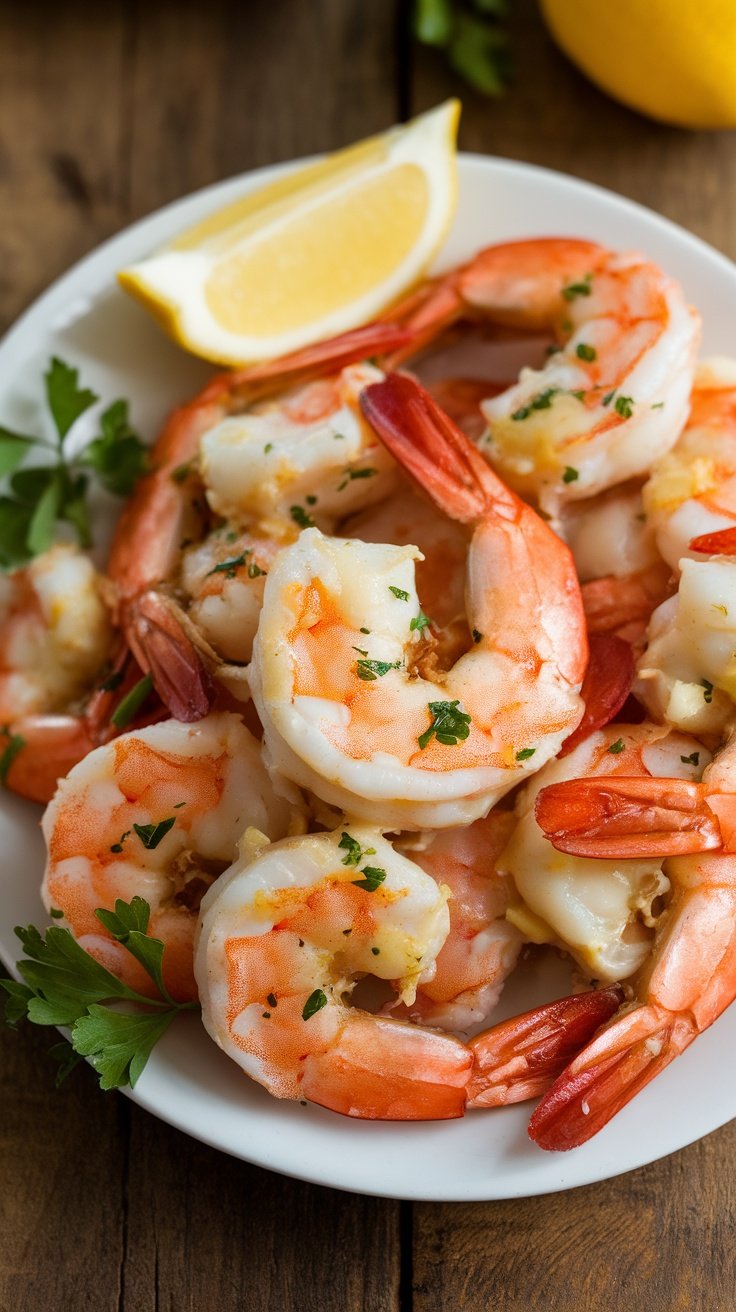 A plate of garlic parmesan roasted shrimp garnished with parsley and lemon on a rustic table.