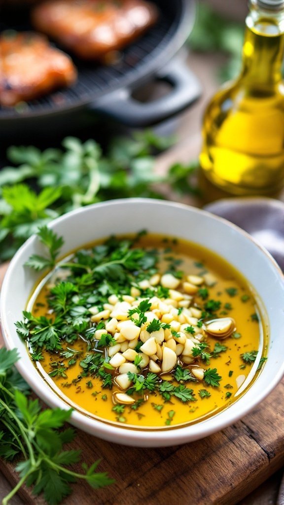 A bowl of herb and garlic marinade with fresh herbs and garlic on a wooden table, ready for grilling.