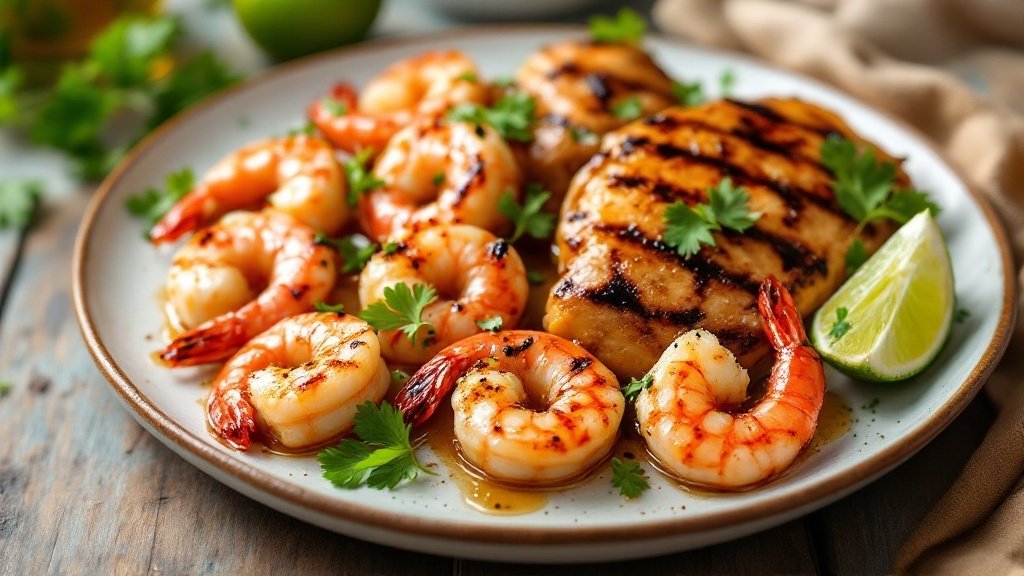 Grilled shrimp and chicken marinated in honey lime sauce, garnished with lime and cilantro on a rustic table.