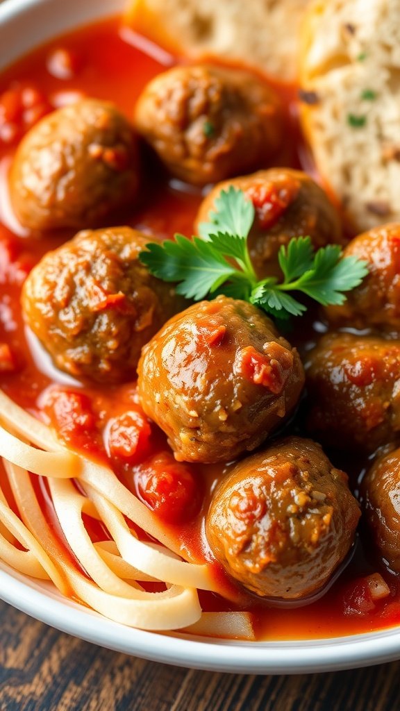 Savory Meatballs in Rich Tomato Sauce Delicious meatballs in tomato sauce on a plate, garnished with parsley, with crusty bread on the side.