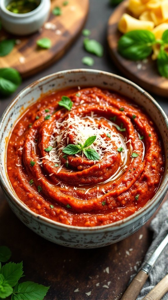 Sun-Dried Tomato Pesto Rosso Recipe Bowl of sun-dried tomato pesto rosso with olive oil and Parmesan, served with pasta.