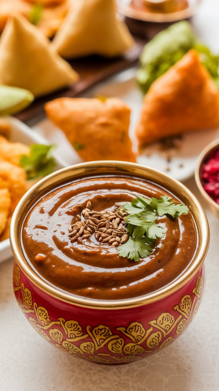 Sweet and Sour Tamarind Chutney Recipe A bowl of sweet and sour tamarind chutney garnished with cumin seeds and cilantro, surrounded by Indian snacks.
