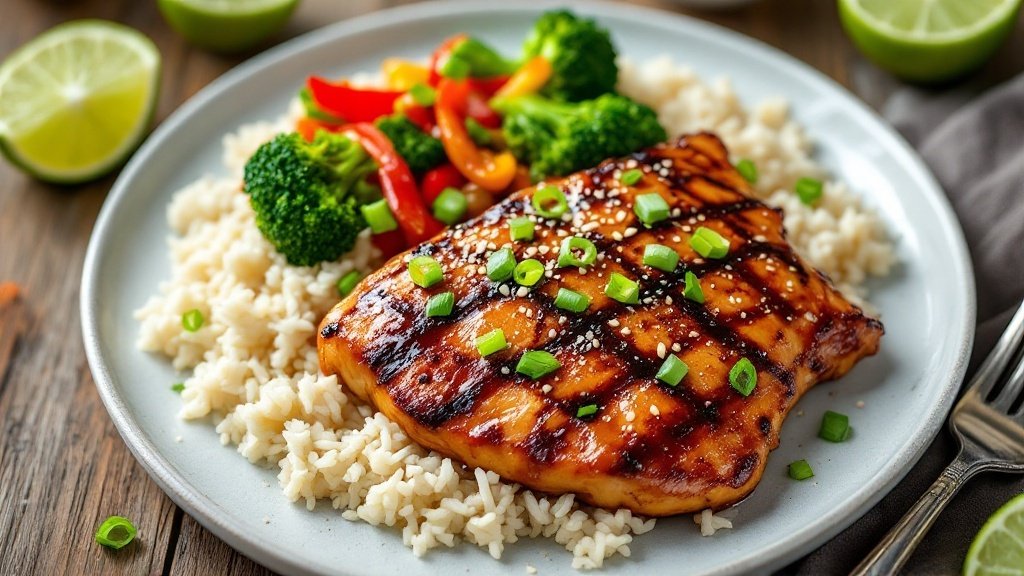 Grilled chicken in teriyaki sauce with rice and vegetables on a wooden table.