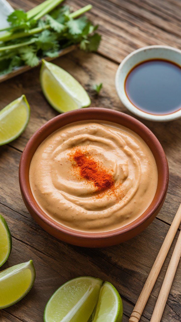Savory Peanut Sauce with a Kick A bowl of rich peanut sauce with chili drizzle, lime wedges, and soy sauce on a wooden table.