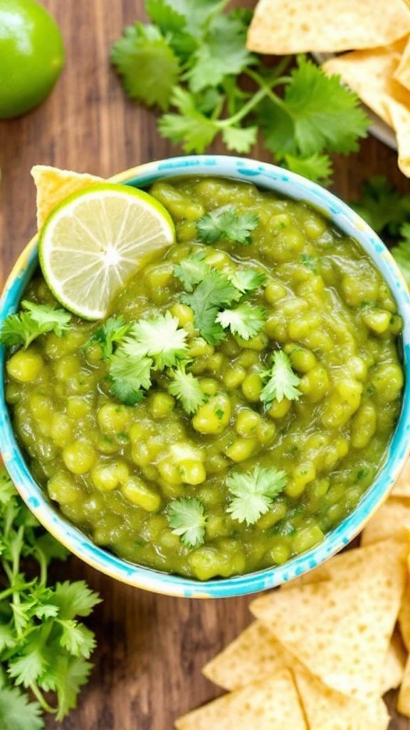 Zesty Tomatillo Salsa Verde Recipe A bowl of tomatillo salsa verde with tortilla chips, garnished with lime, on a rustic wooden table.