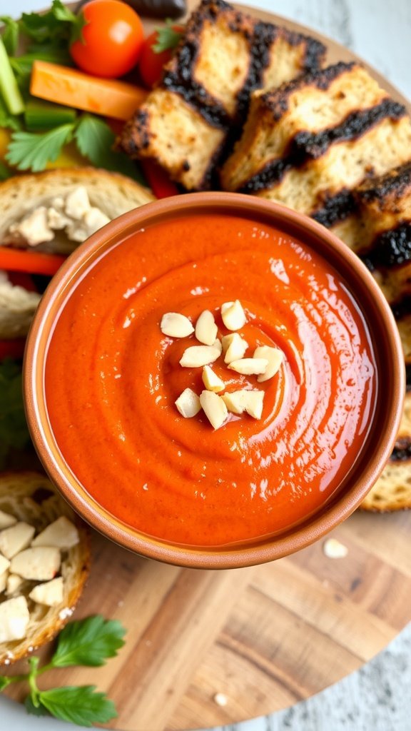 Nutty Romesco Sauce with Roasted Red Peppers and Almonds A bowl of Romesco sauce made with roasted red peppers and almonds, served with bread and veggies.