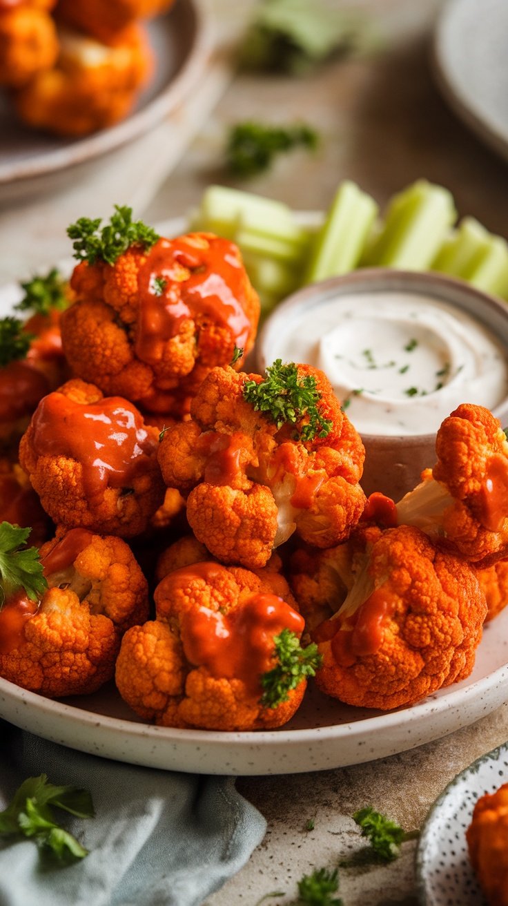 Crispy buffalo cauliflower bites on a plate with parsley, celery sticks, and ranch dressing.