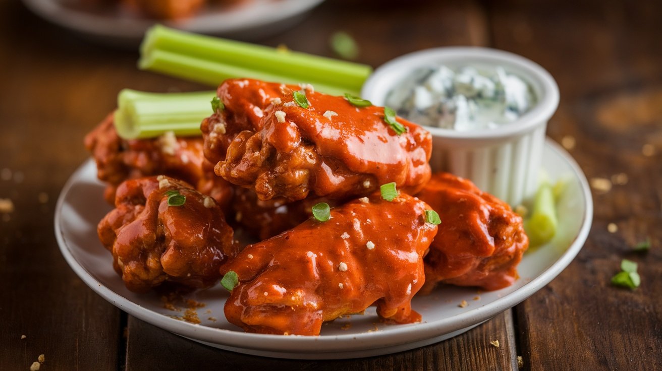 Buffalo Wings with Frank’s RedHot Sauce A delicious plate of Buffalo wings with Frank’s RedHot sauce, served with celery and blue cheese dressing.