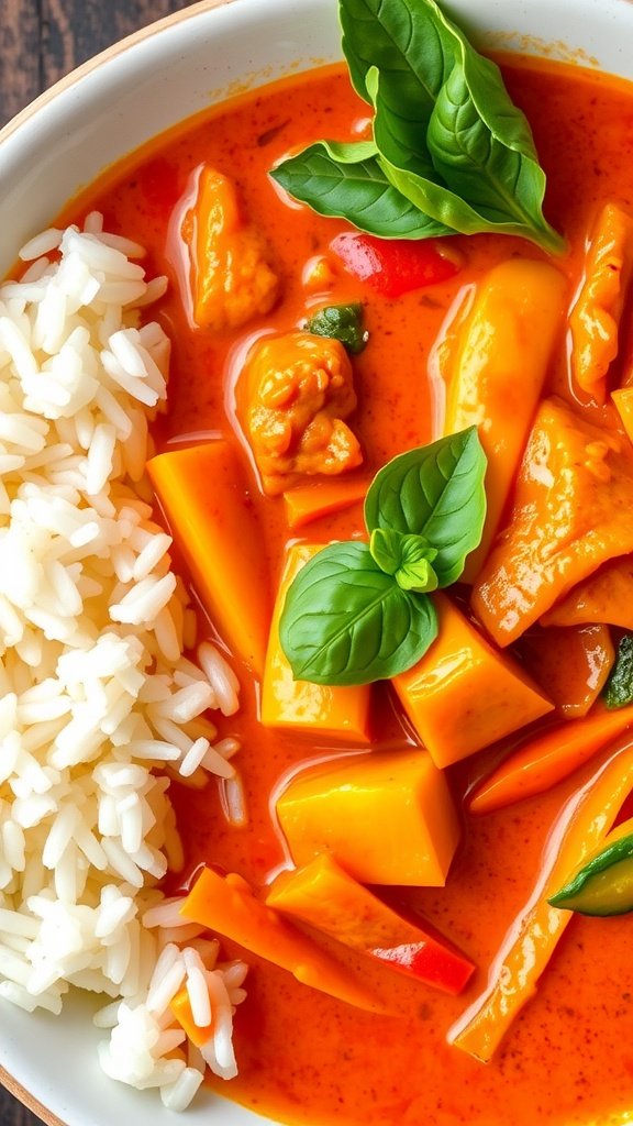 Zesty Thai Red Curry Recipe A colorful bowl of Thai red curry with mixed vegetables and basil, served with jasmine rice.