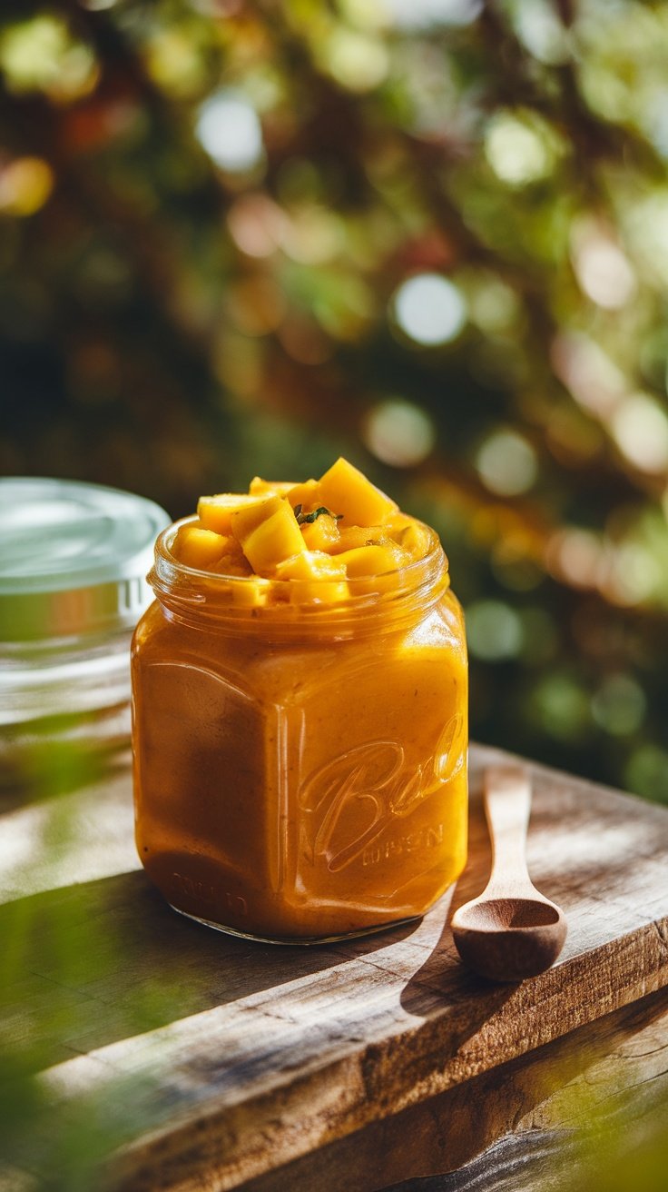 Zesty Sweet Mango Chutney Recipe A jar of mango chutney with chunks of mango and ginger on a wooden table.