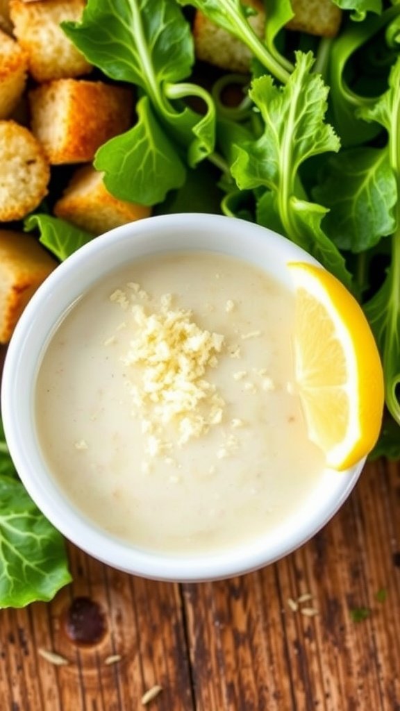 A bowl of creamy Caesar dressing with Parmesan, lemon wedge, and fresh greens.