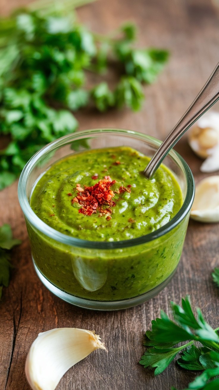 Zesty chimichurri sauce in a bowl with parsley and garlic on a rustic wooden table.