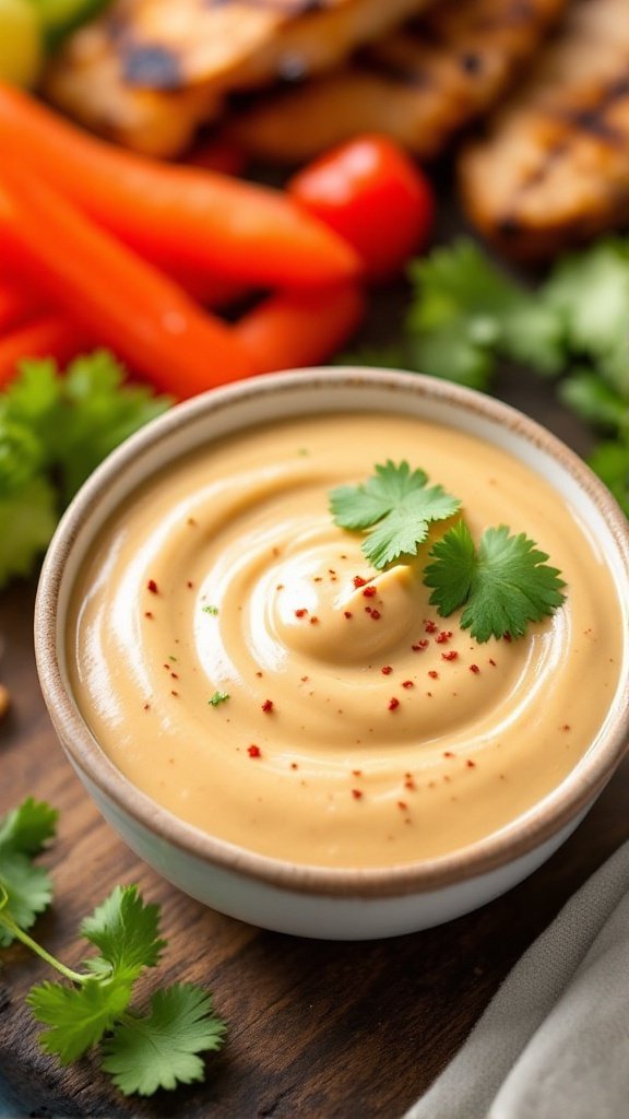 Tangy peanut lime sauce in a bowl, garnished with cilantro and chili flakes, surrounded by fresh vegetables and grilled chicken.