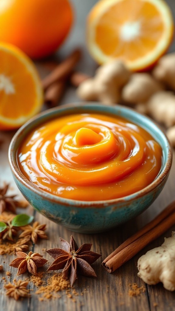 Zesty Spiced Orange Glaze Recipe A bowl of spiced orange glaze with oranges and spices on a rustic wooden table.